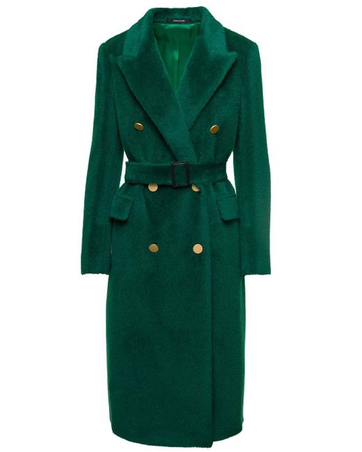 Tagliatore Green 'jole' Long Emerald Double-breasted Belted Coat In Wool And Alpaca Woman