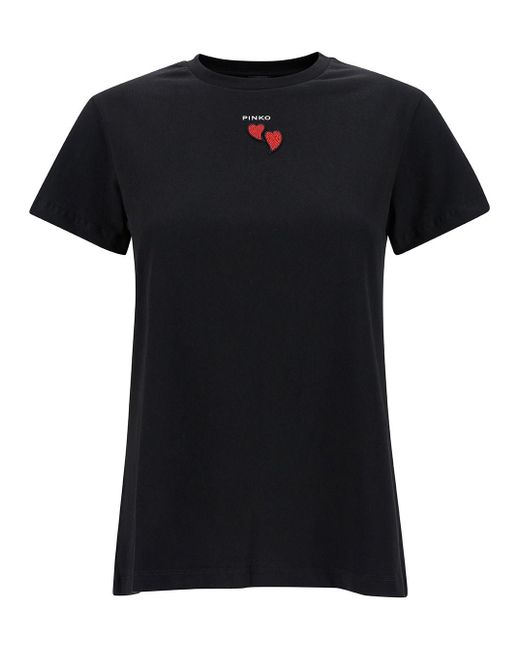 T-Shirt Girocollo Con Logo E Ricamo Cuore di Pinko in Black