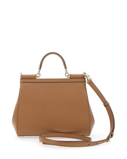 Dolce & Gabbana Brown 'Sicily' Medium Handbag With Adjustable And Removable Shoulder Strap And Logo Plaque On The Front