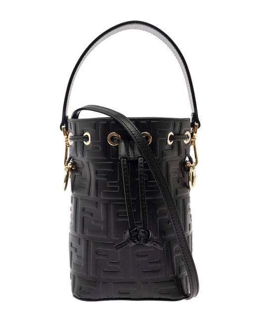 Fendi Black 'mon Tresor' Mini Bucket Bag With Drawstring Closure With Embossed Ff Motif In Leather