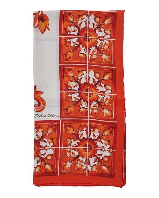 Dolce & Gabbana Red Silk Square Scarf Majolica Print