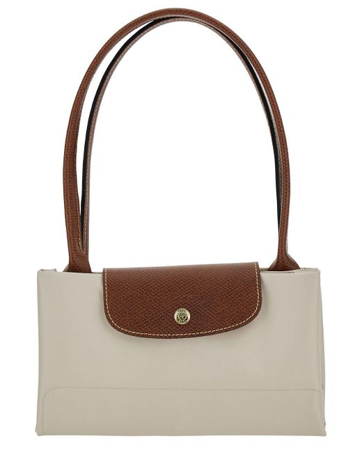 Longchamp Brown 'l Le Pliage Original' White Shoulder Bag With Embossed Logo In Canvas Woman
