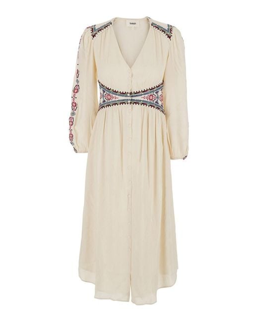 Ba&sh Natural 'Tina' Long Dress With V-Neck And Embroidery Decorations I