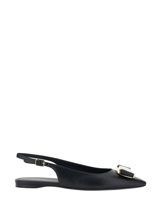 Ferragamo Black 'Zelmi' Slingback Ballet Shoes With Logo Plaque On The Front