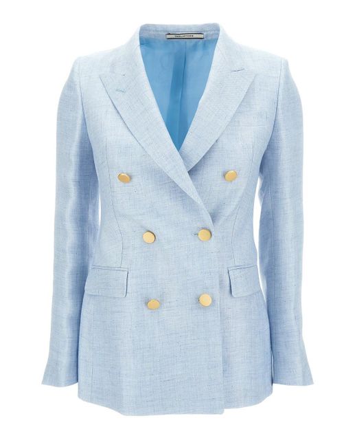 Tagliatore Light Blue Double-breasted Jacket With Golden Buttons In Linen Blend Woman