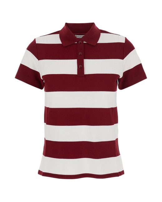 Moncler Red Polo Shirt With Logo Patch On The Sleeve And All-Over Striped Motif