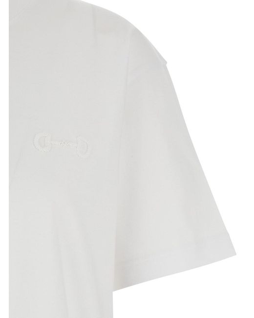 Gucci White Crewneck T-Shirt With Tonal Horsebit Embroidery On The Front