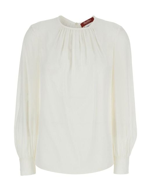 Max Mara White Silk Blouse With Round Neck And Ruffle Details Fo