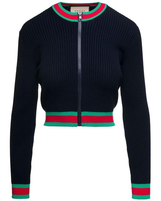 Gucci Blue E Cropped Cardigan With Web Detail And Zip In Viscose