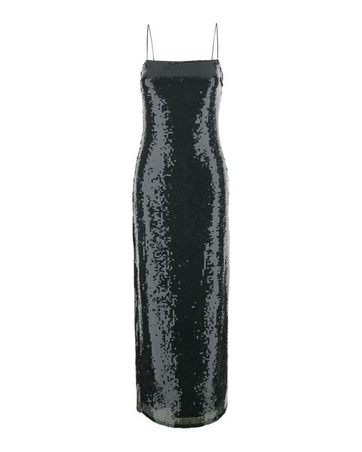 ROTATE BIRGER CHRISTENSEN Green Long Dress With Spaghetti Straps And All-Over Sequins In