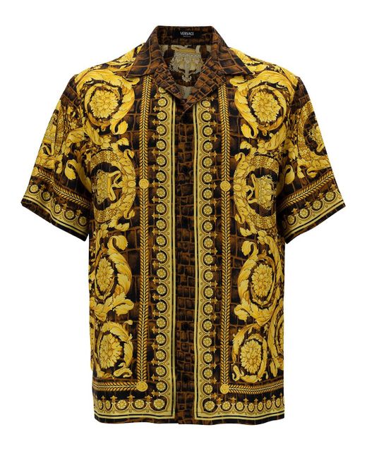 Versace Yellow And Baroque Printed Silk Twill Shirt for men