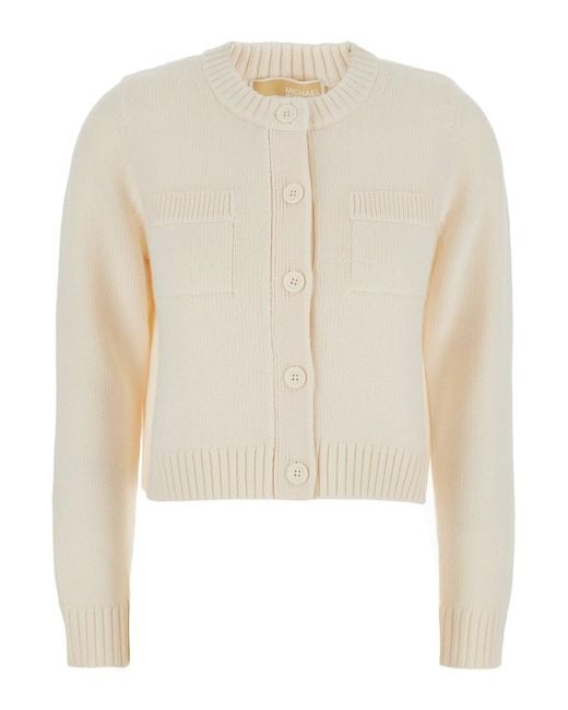 MICHAEL Michael Kors White Wool Crewneck Cardigan With Ribbed Trims