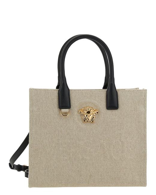 Versace Natural 'la Medusa Small' White Tote Bag With Leather Handles And Logo Detail In Canvas Woman