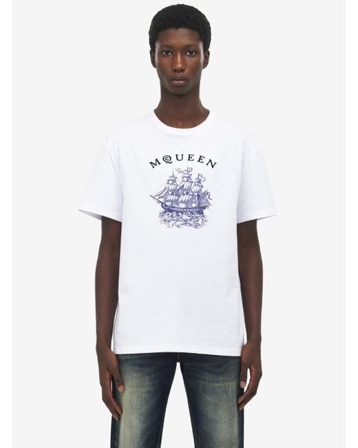 T-Shirt Girocollo Con Stampa Logo Sul Fronte di Alexander McQueen in White da Uomo