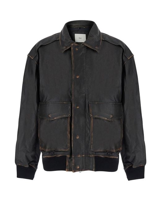 DUNST Black Detachable A-2 Leather Blouson With Collar And Long Sleev for men