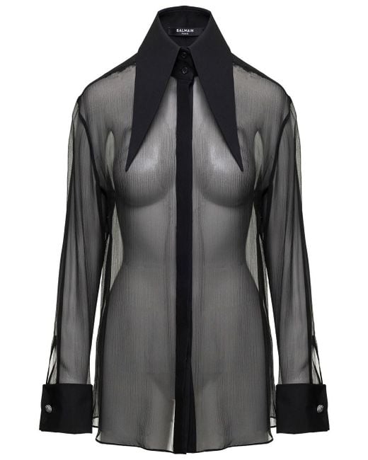 Camicia con colletto a punta oversize in seta nera di Balmain in Black