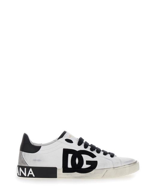 Dolce & Gabbana White 'Portofino' And Low Top Sneakers With Logo Patch And Used Effect for men