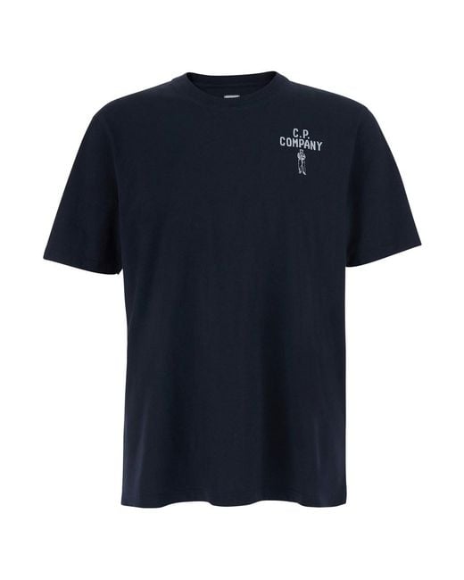 C P Company Blue T-Shirt With Round Neck And Logo Print for men