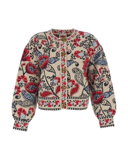 Farm Rio Red Round Neck Cardigan With Floral Motif