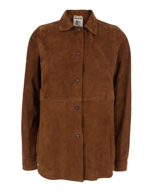Semicouture Brown Suede Classic Collar Shirt For