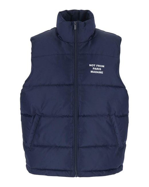 Drole de Monsieur Blue Sleeveless Down Jacket With Slogan On The Front for men