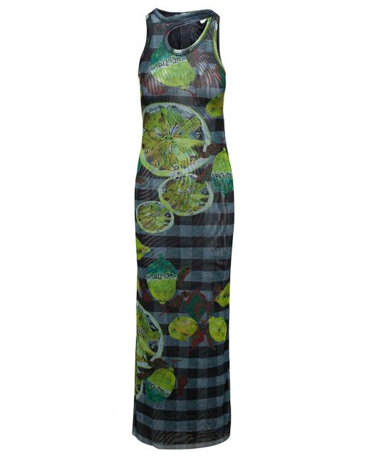 OTTOLINGER Green Long Asymmetric Dress With Cut-out And Lemon Print In Mesh
