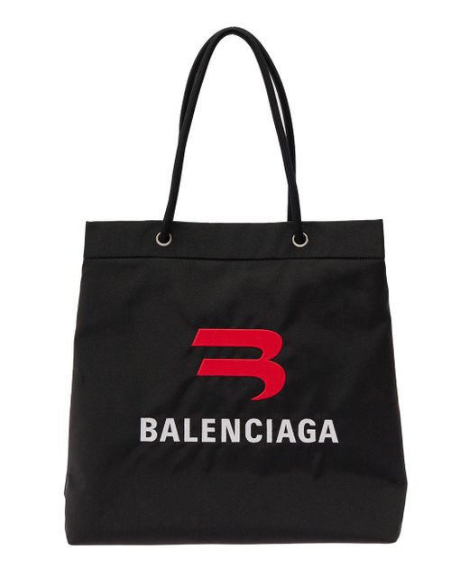 Balenciaga Black Explorer Small Shopper Bag In Recycled Nylon With Logo Embroidery Man for men