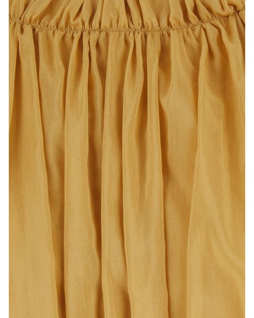Semicouture Yellow Crop Top Crew Neck With Side Draping And Ruffles In