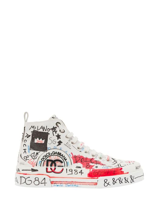 Dolce & Gabbana White 'portofino' Hand-painted Graffiti Mid-top Sneakers In Cotton And Leather Man Dolce & Gabbana for men