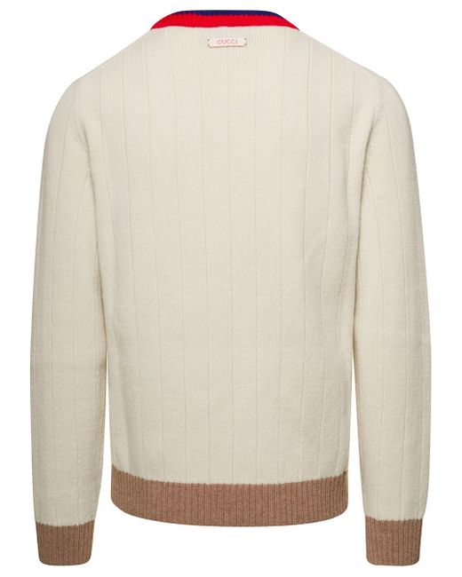 Gucci Ribbed Sweather With Red And Blue Collar In Wool Man in White for Men  | Lyst