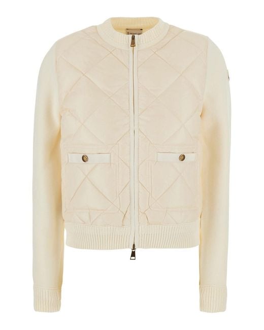 Moncler Natural Crew Neck Cardigan With Quilted Design On The Front And