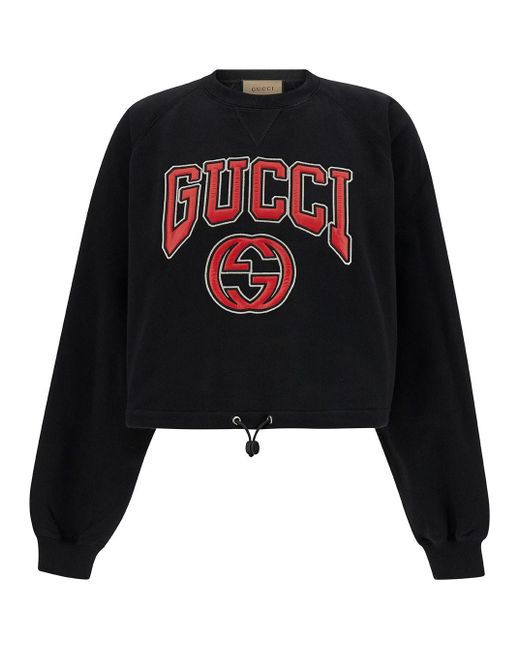 Gucci Black Cropped Crewneck Sweatshirt With Logo Print