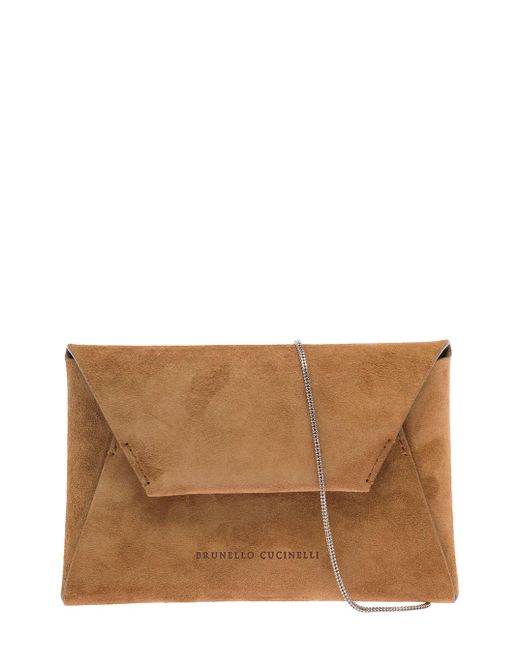 Brunello Cucinelli Brown 'envelope' Shoulder Bag With Precious Chain And Embossed Logo In Suede Woman