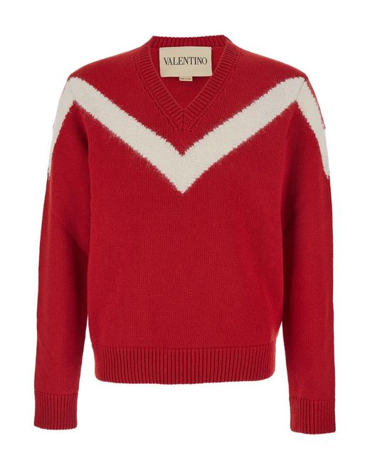 Valentino Red Sweater With V Neck And Rear Bow With Vlogo Plaque for men