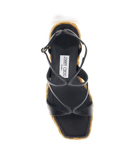 Jimmy Choo Blue 'ayla' Black Wedges With Leather Ankle Strap And High Heel In Leather And Fabric Woman
