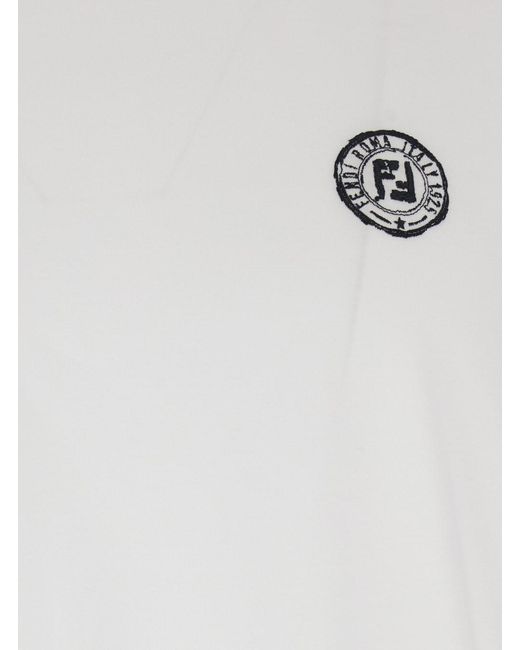 Fendi White Crewneck T-Shirt With Logo Print On The Front And Logo Patch On The Rear for men