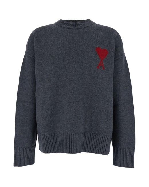 AMI Blue Crewneck Sweater With Adc Embroidery On The Front for men