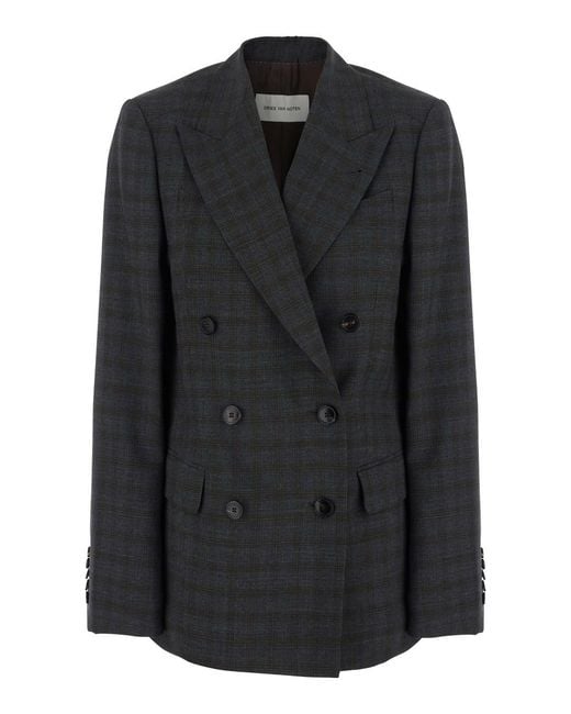Dries Van Noten Black 'Barrysta' Double-Breasted Jacket With Peak Revers And Check Motif All-Over