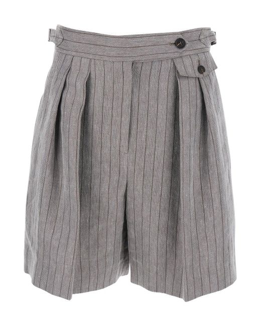Brunello Cucinelli Gray Bermuda Panrs With Off-Centered Button Closure And All-Over Striped Motif