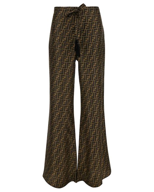 Fendi Brown Flared Pants With Ff Print And Drawstring In Silk
