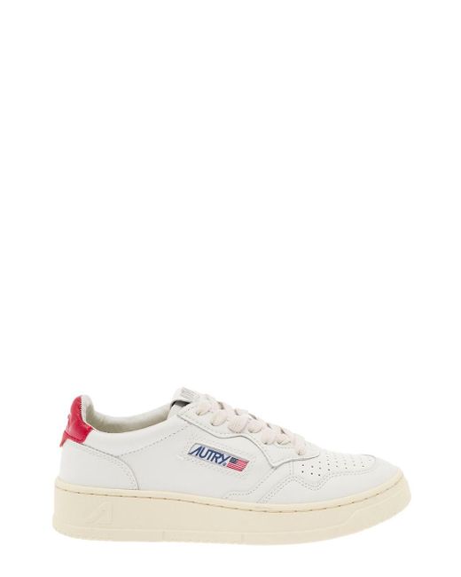 Autry White Low-top Sneakers In Leather With Red Heel Tab Woman