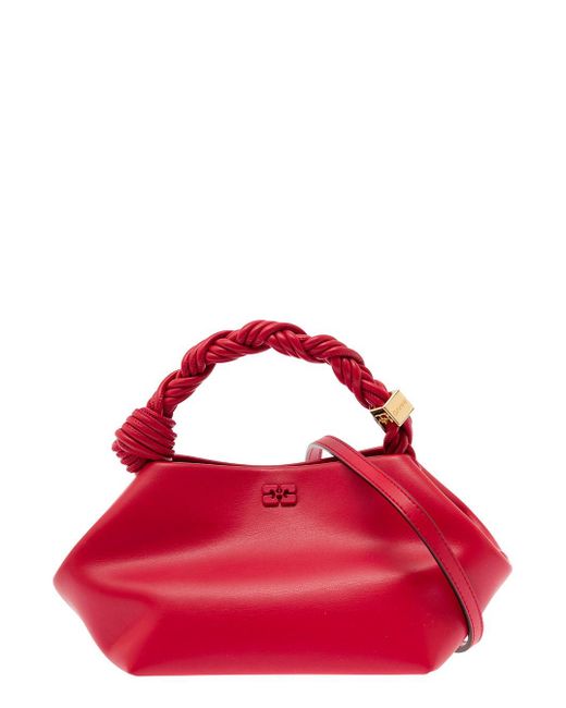 Ganni Red ' Bou' Handbag With Butterfly Logo And Hand-braided Strands In Leather