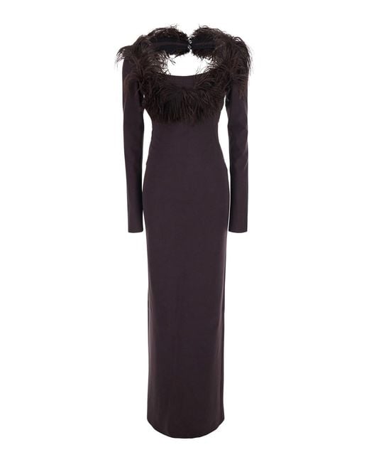 The Attico Black Long Dress With Feathers On The Neck And Logo Patch O