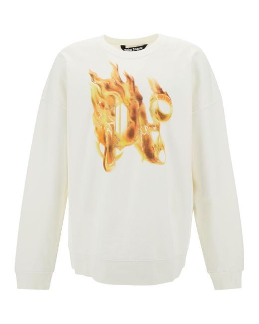 Palm Angels White Crewneck Sweatshirt With Burning Logo Print for men