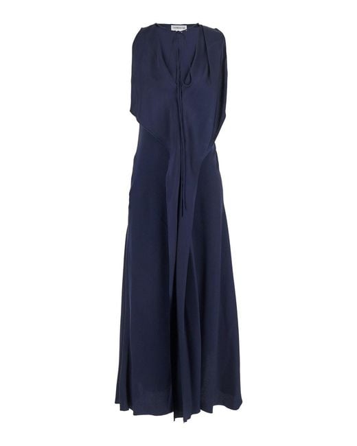 Victoria Beckham Blue Sleeveless Draped V-Neck Midi Dress