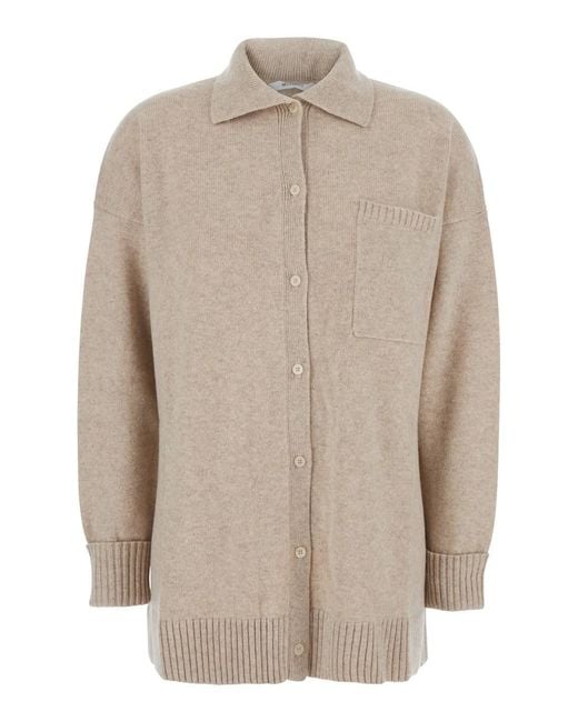 Max Mara Natural 'Bull' Cardigan With Classic Collar And One Front Patch