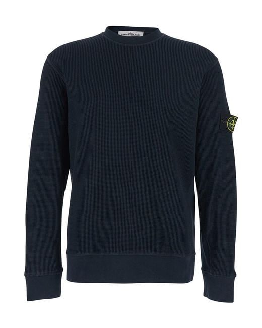 Stone Island Blue Crewneck Sweatshirt With Logo Patch On Sleeve for men