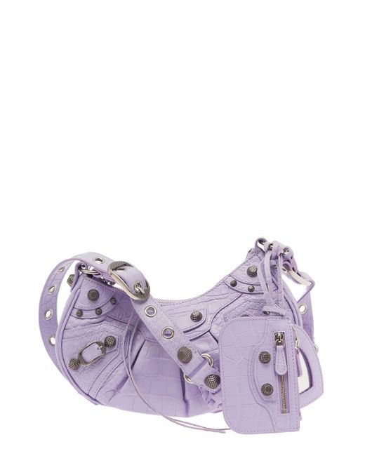 Balenciaga Purple Le Cagole Xs Crossbody Bag In Crocodile Leather Woman