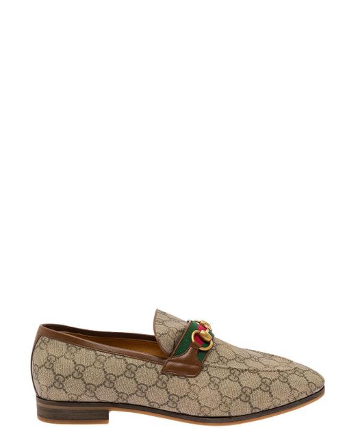 Gucci Brown 'paride' Loafers With Horsebit And Web Detail In gg Supreme Canvas for men