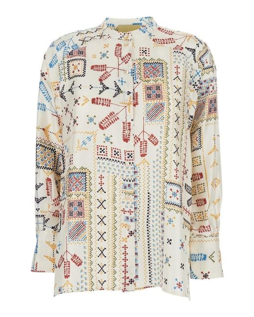 Momoní White Shirt With Raised Collar And All-Over Print For Wom